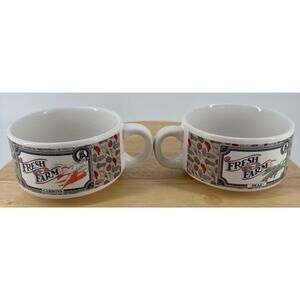 Soup Mugs with Handles 2 VTG Farm Fresh Stackable Houston Harvest Stackable
